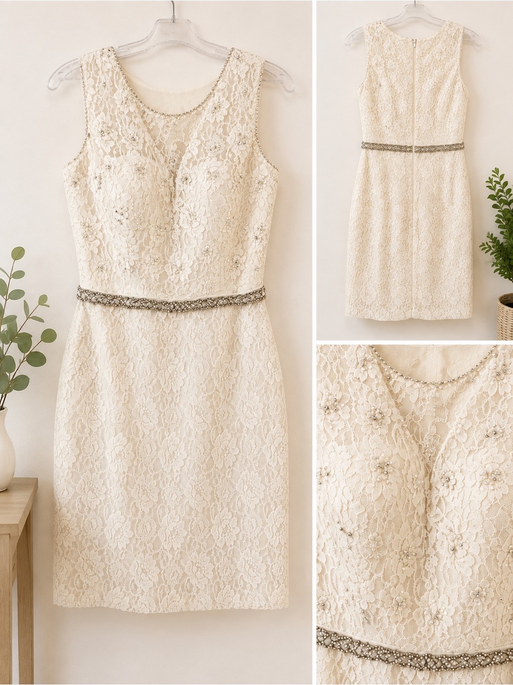 Lace Sheath Dress with Embellished Waist - Ivory